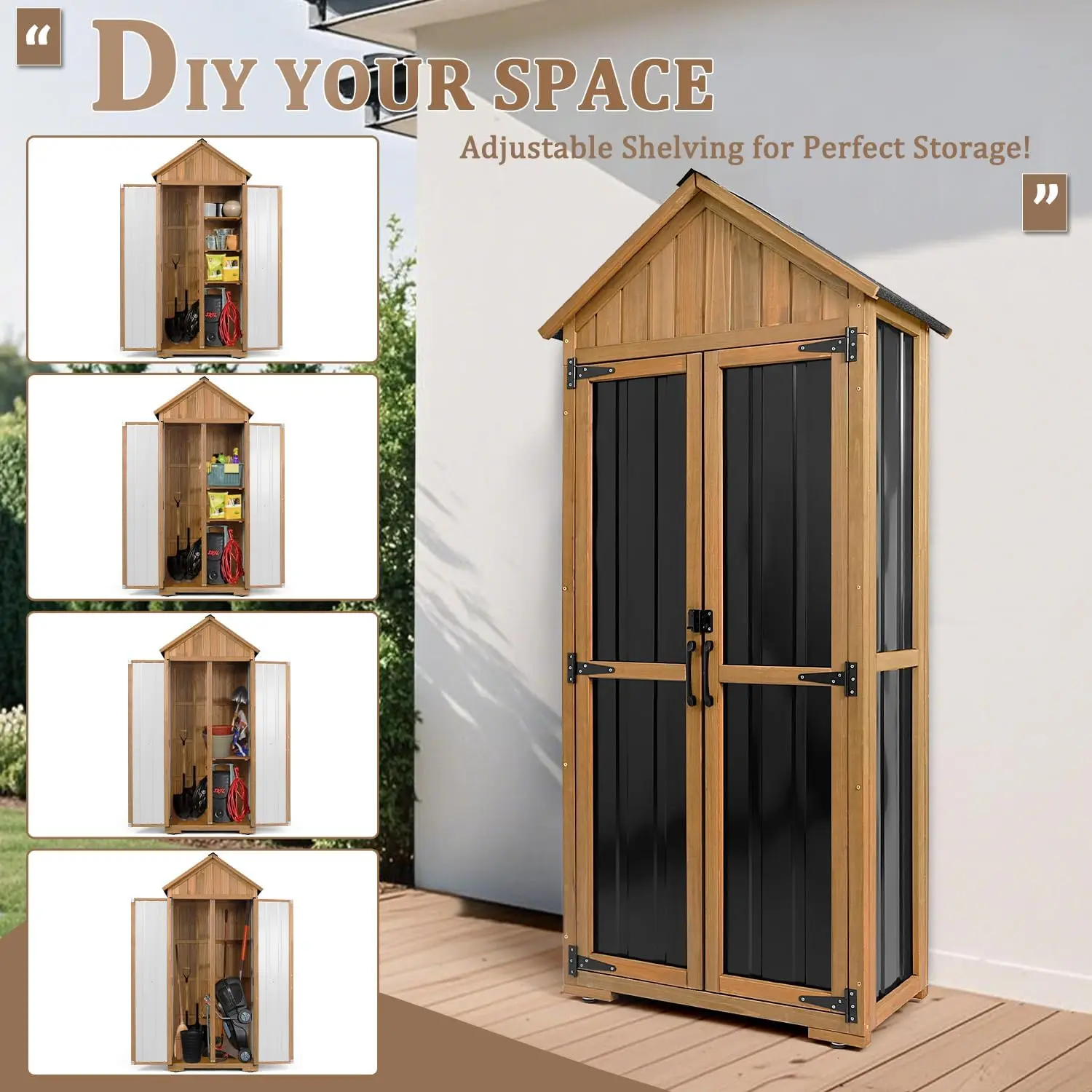 Storage Cabinet Waterproof, Outdoor Storage Shed with Shelves, Wood & Metal Patio Backyard Garden Storage Cabinet Tool Organizer