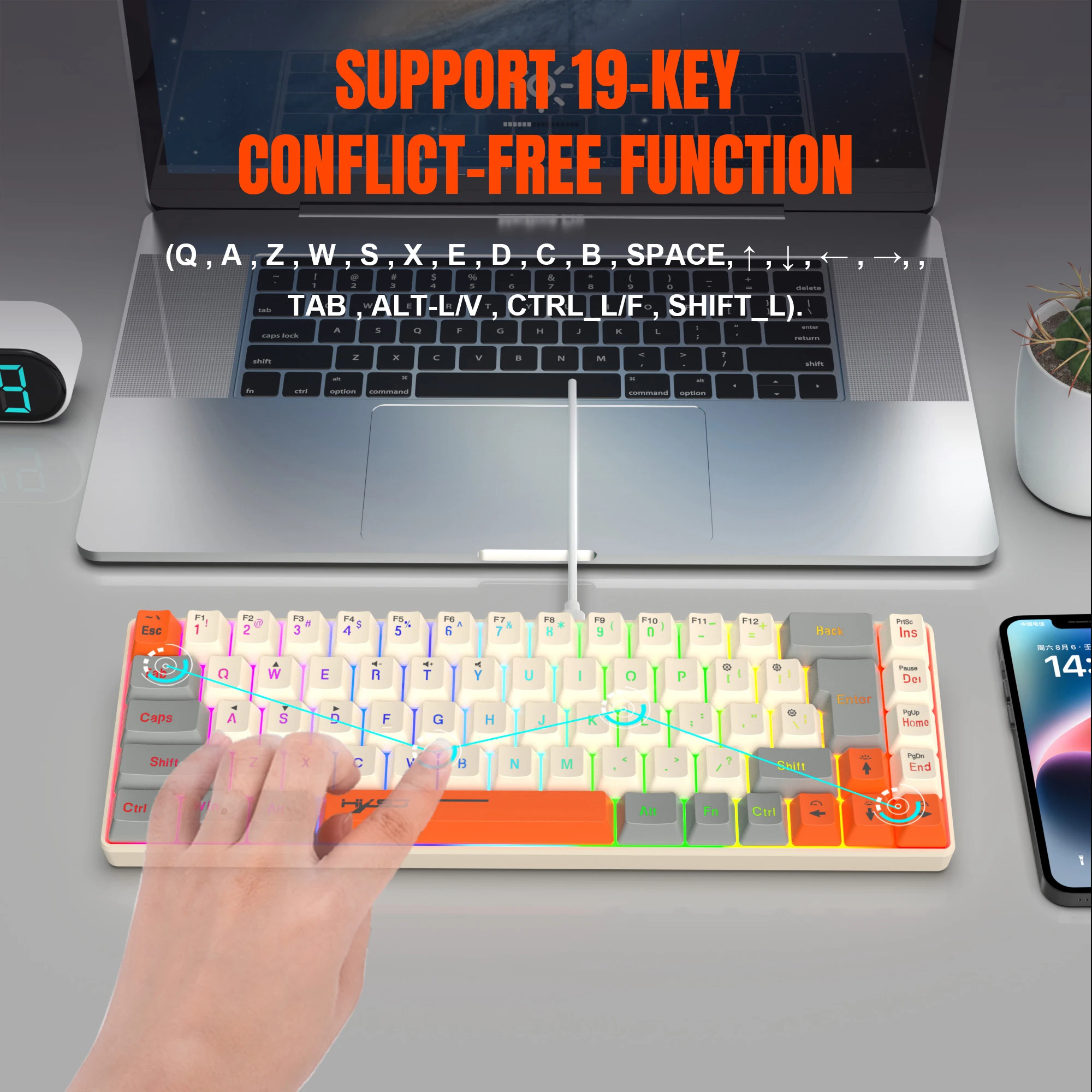 68 Keys Gaming Keyboard USB Wired Portable 20 RGB Backlight Keyboard 3 Colors Keycaps for Windows Laptops Computer view 5