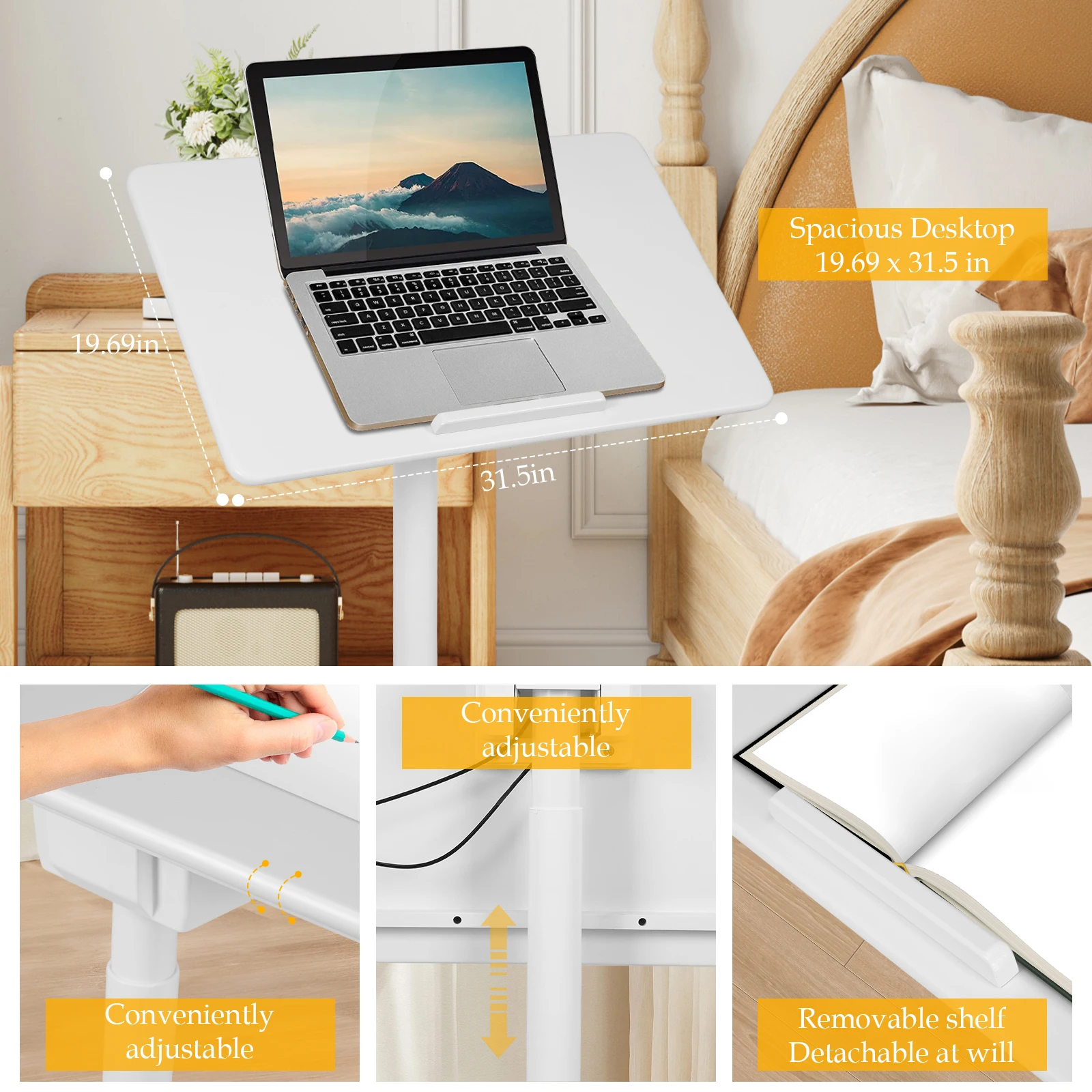 Pneumatic Laptop Standing Desk Sit Stand Up Down Rolling Lifting Office Computer Table 90 Degree Tiltable Home Wood Study Table