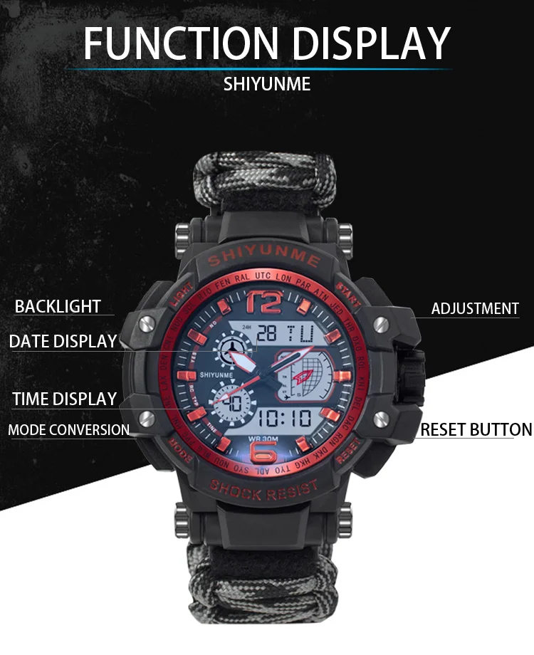 SHIYUNME Outdoor Survival Men Watch Multifunctional Waterproof Military Tactical Paracord Watch Compass Thermometer Men's Watch