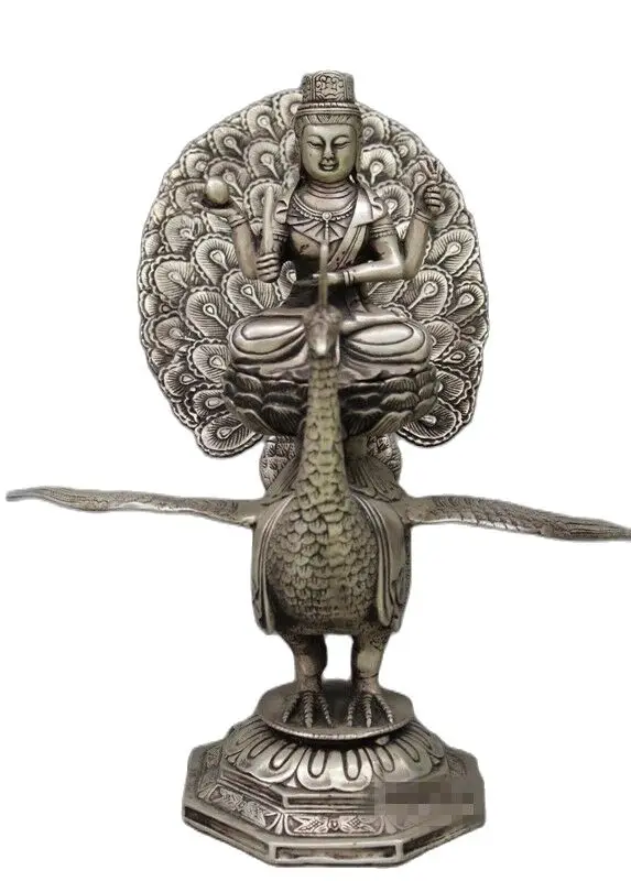 

28cm 11" China silver carved Buddhism king Mahamayuri buddha Sculpture Statue