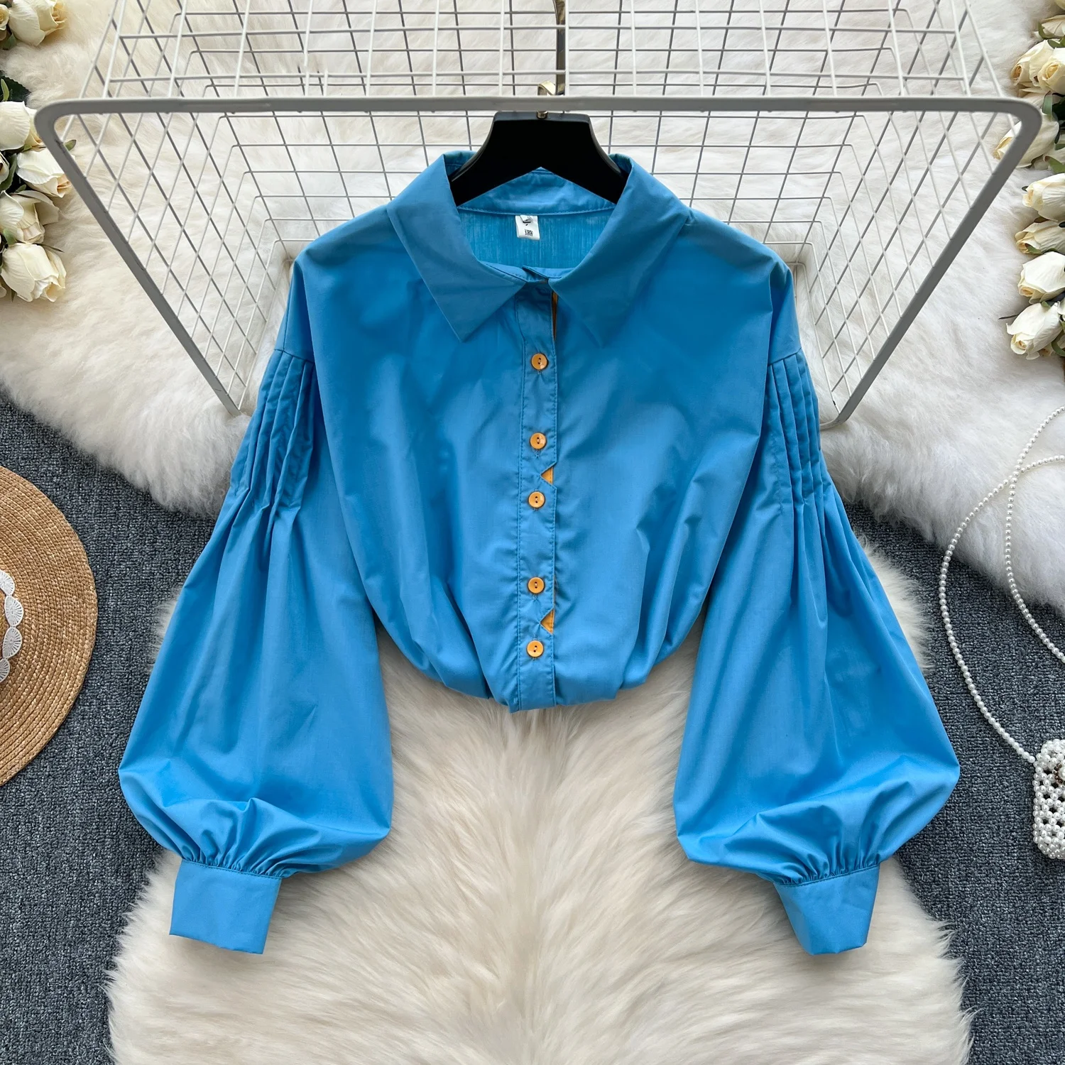 

Clothland Women Elegant Blue Blouse Puff Sleeve Single Breasted Basic Shirt Retro Office Wear Tops Blusa Mujer LB108