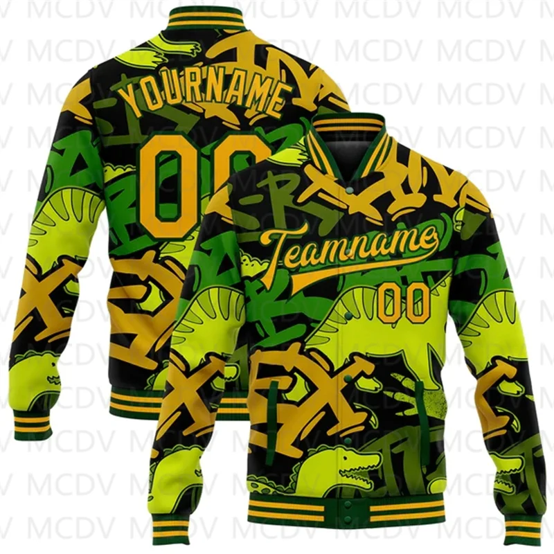 Custom Graffiti Pattern Gold-Green Grunge Art With Dinosaur And Words 3D Bomber Full-Snap Varsity Letterman Jacket aelfric eden dinosaur cartoon pattern knit sweater retro hip hop knitted sweater vintage pullover casual wool sweater hipster