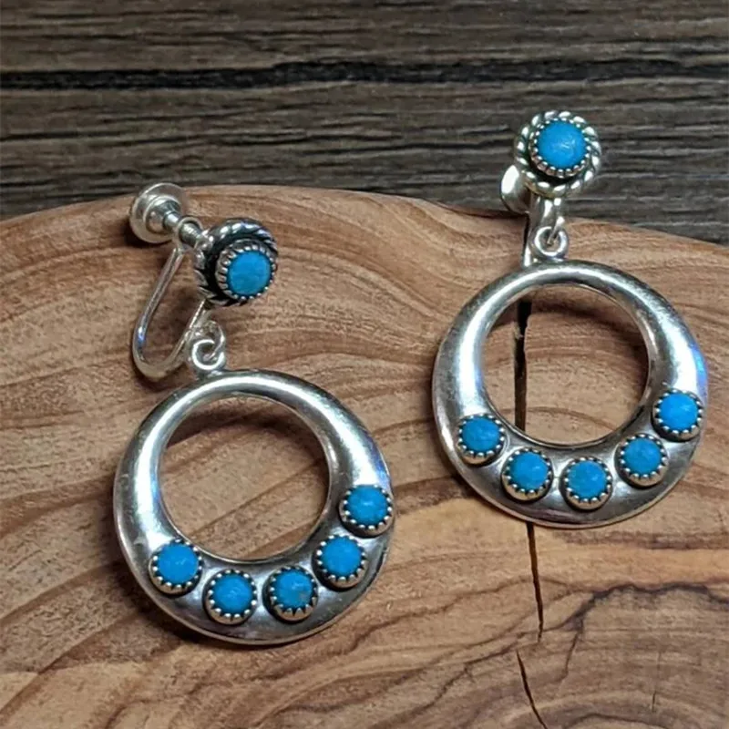 

Luxury Metal Ear Clip Adjustable Drop Earrings Round Metal Set Turquoise Boho Jewelry
