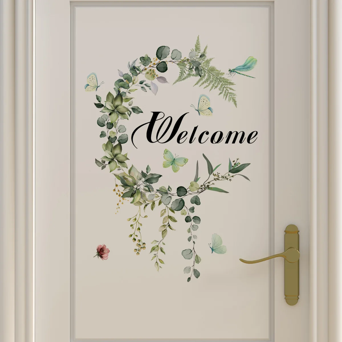 Fresh White & Green "Welcome" Wall Decal - Self-Adhesive Door & Entryway Decor for Home, Bedroom, and Hallway (1 Piece, 30x40cm)