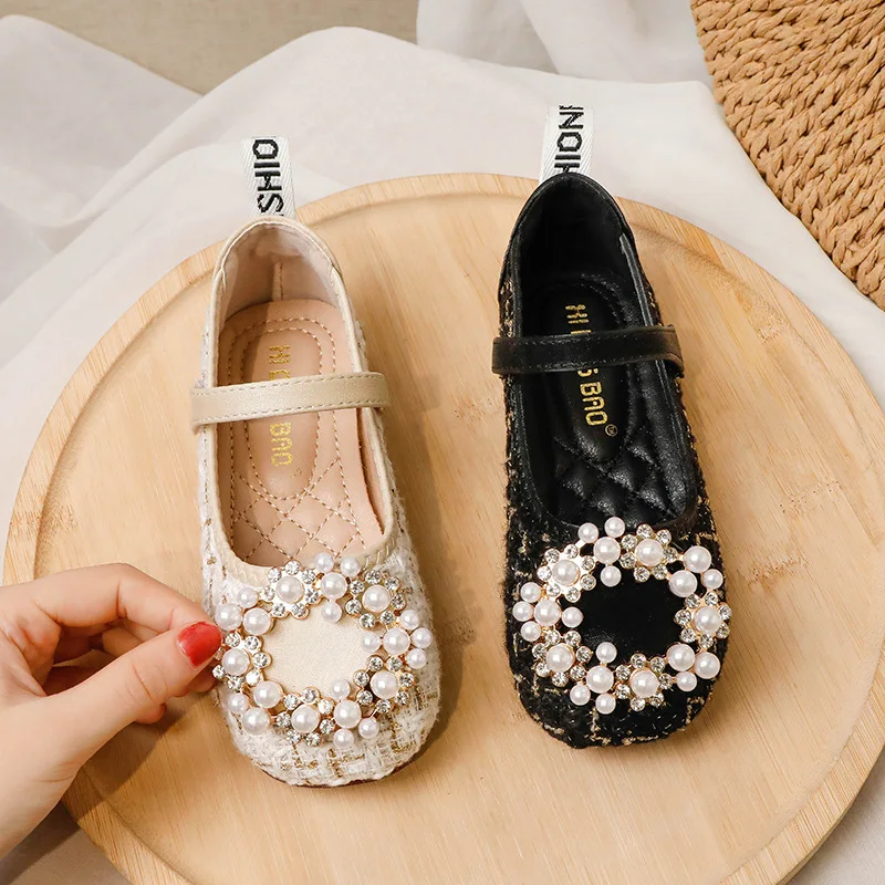 Princess Girl Pearl Head-ornaments Leather Shoes Child Party Dress Shoes Spring 2023 Kids Fashion Rhinestone School Elegant Shoe