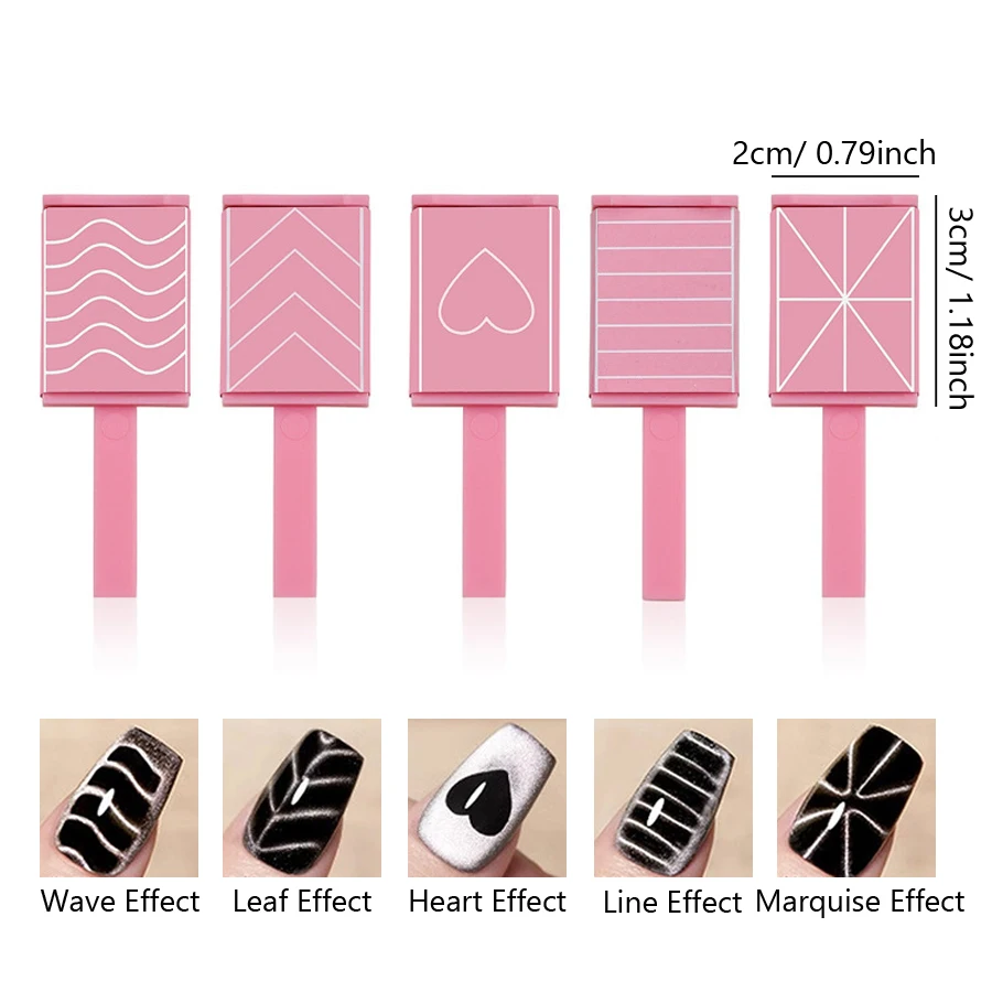 5Pcs/Set Pink Cat Eye Magnetic Stick with Heart Wave Pattern Nail Art Gel Polish Wand for 3D Cat's Eyes Effect Manicure Kit magnetic nail art tools,cat eye nail tool,magnetic nail tools