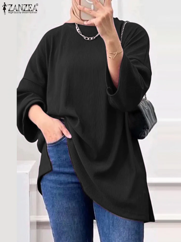 

ZANZEA Elegant Women Muslim Blouse Fashion Loose Tops O Neck Long Sleeve Casual Shirt Ramadan Turkey Abaya Solid Tunic Blusas