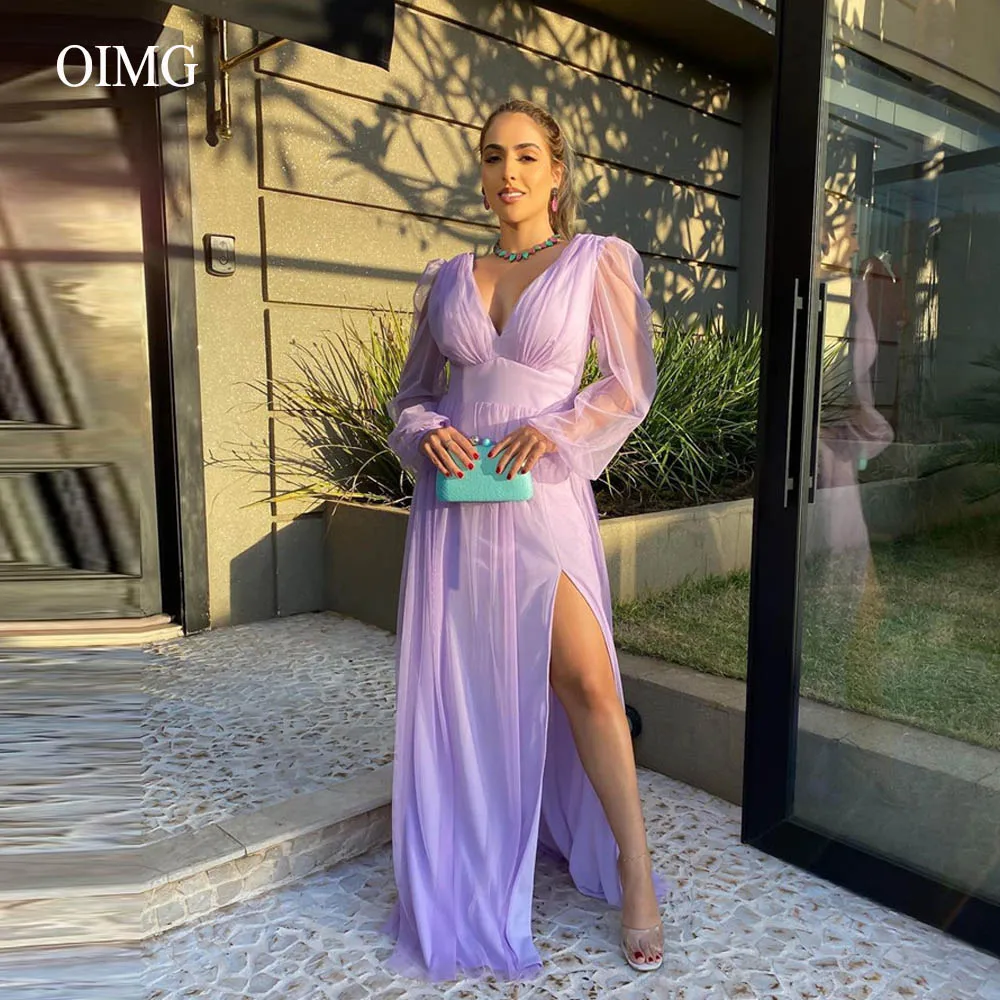 

V Neck Puff Long Sleeves Tulle Lilac Evening Dresses 2022 Arabic Simple Side Slit Women Formal Prom Dress Occasion Gown