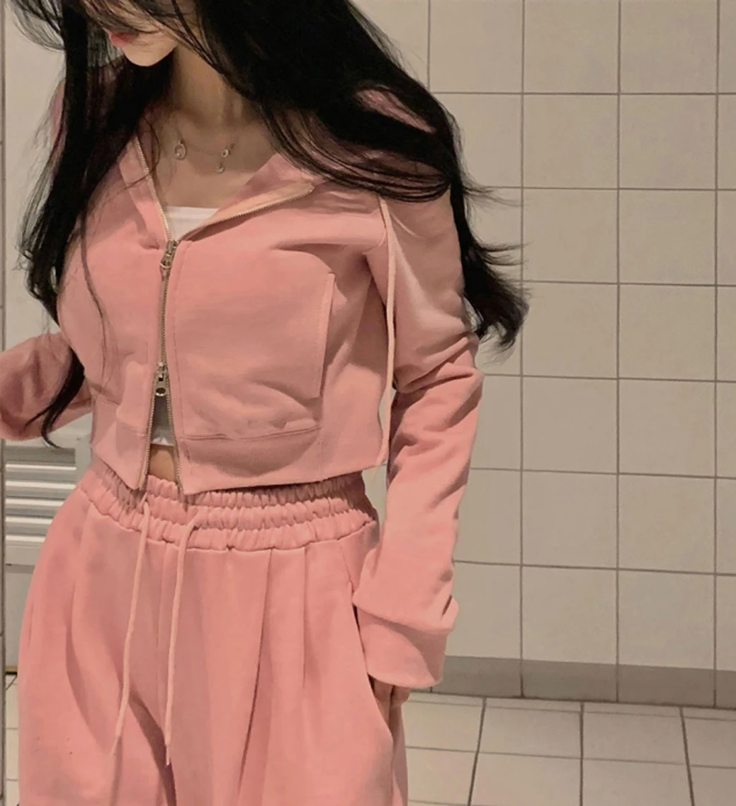 Korean Fashion Streetwear 2-piece Pants Set Women Tracksuit Autumn New Hooded Zip-up Crop Top Long Pants Casual Solid Outfits