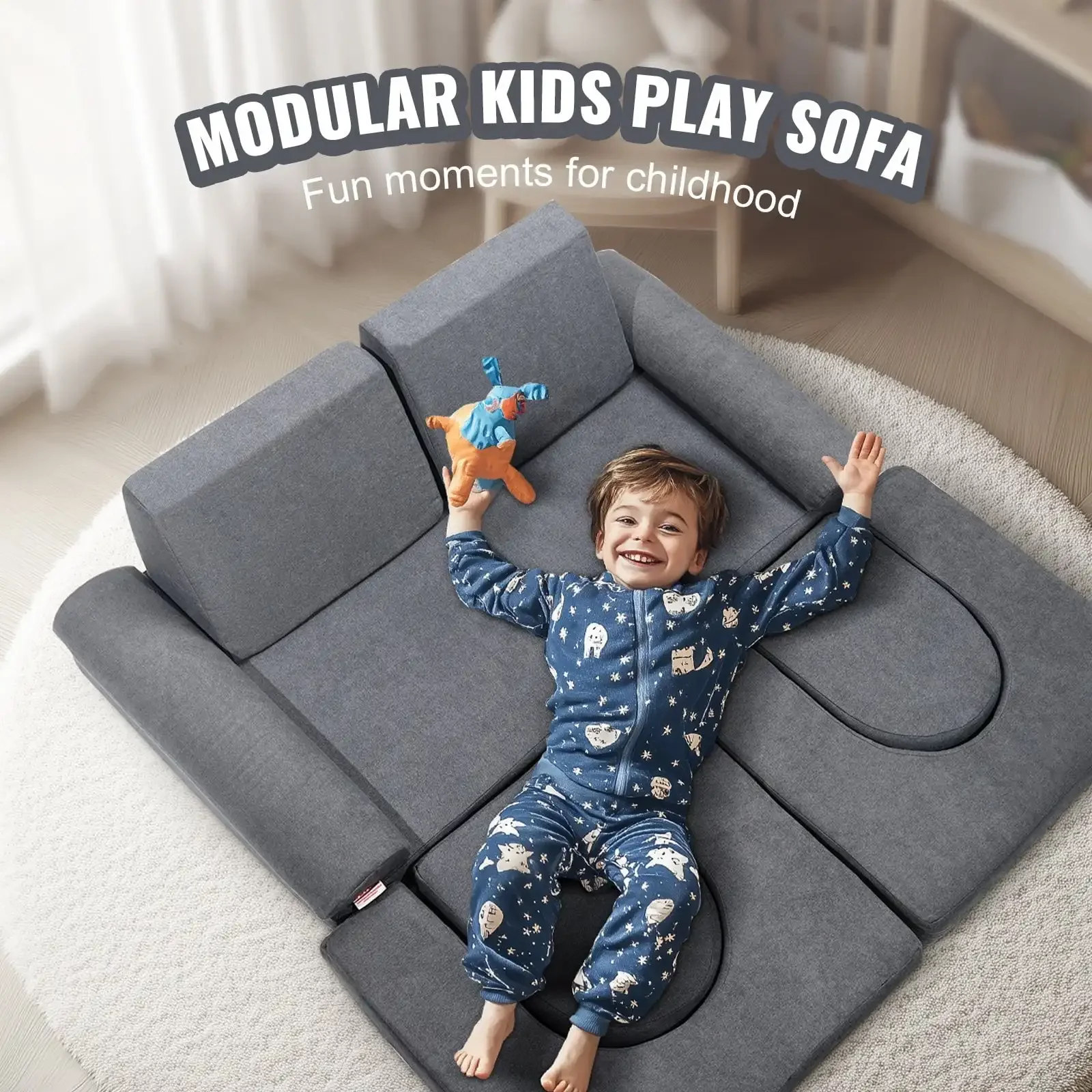 Kids Couch, 10Pcs Modular Kids Play Couch, Toddler Couch Sofa Bed, Kids Chair Seat Playroom Furniture, Grey 5