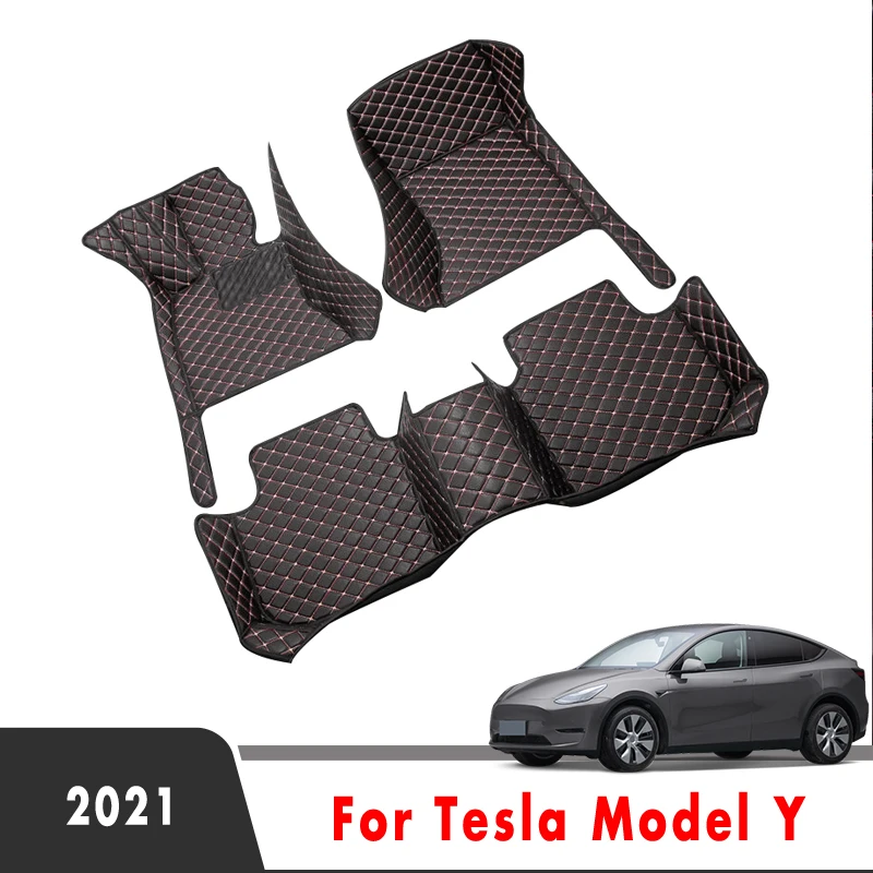 YHTAUTO Custom Fit Red Car Floor Mats For Tesla Model Y 2025-2020 5 Seater, All Weather TPE Car Mats Carpet, Front Rear Trunk Cargo Storage Liner Mats, Anti-Slip Waterproof, Set Of