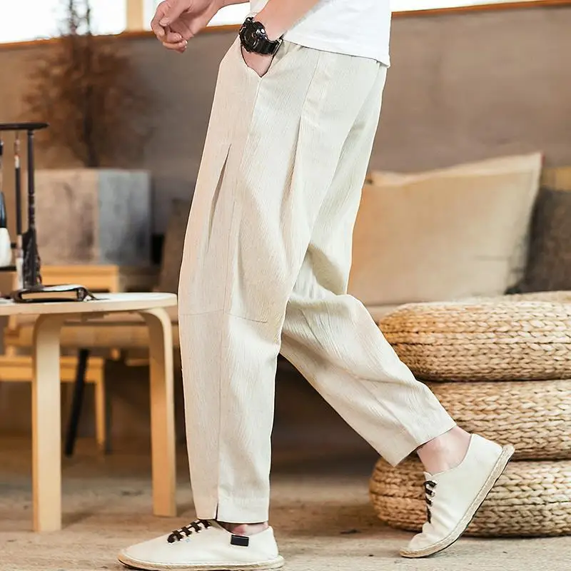 Chinese Style Loose Cotton Casual Haren Pants Men's Solid Elastic Waist Drawstring Pocket Patchwork Thin Trend Straight Trousers
