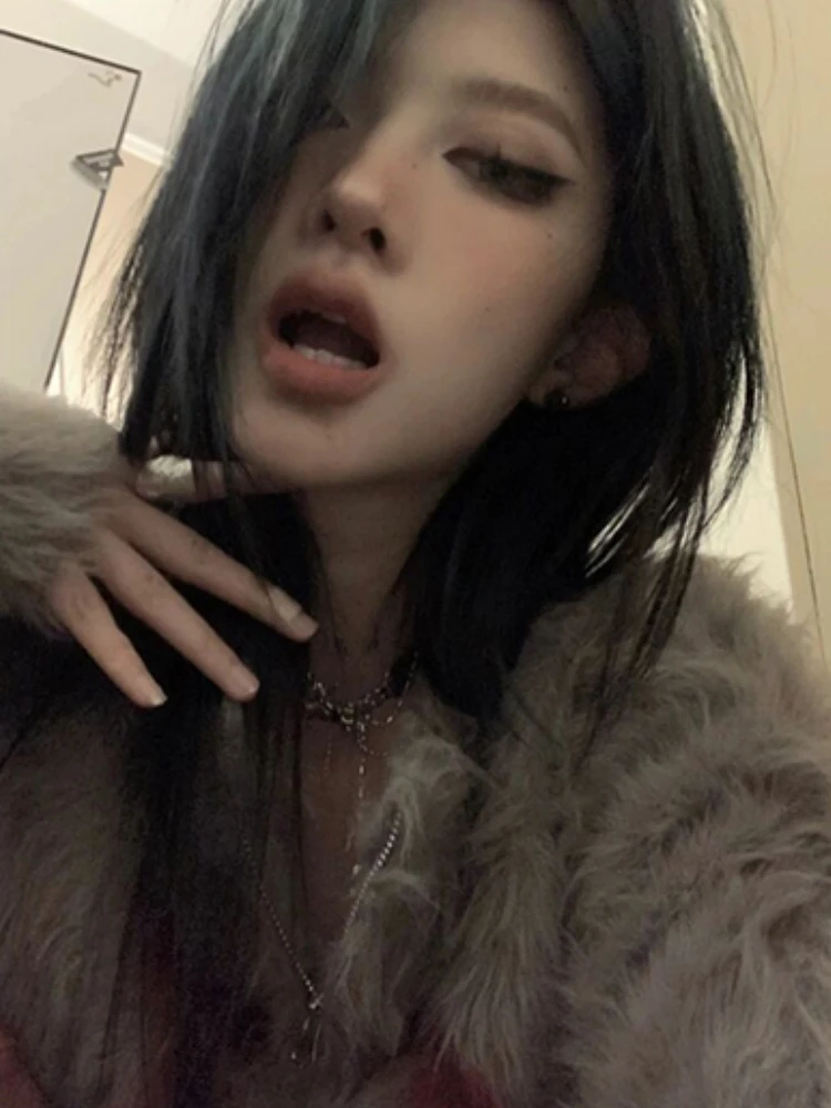 Y2k 미적인 자카드 루즈 가디건 스트리트웨어 여성용 모피 더블 지퍼 스웨터, 하라주쿠 페어리 니트 그런지 스위트 코트