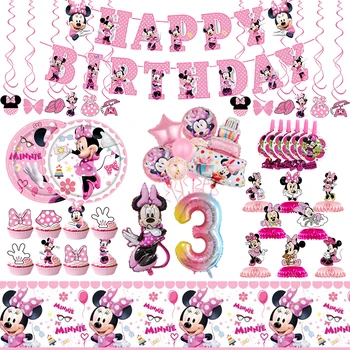 Decoraciones para fiesta de cumpleaños de Minnie Mouse, juego de vajilla, decoraciones de cumpleaños, conjunto completo de globos rosas, pancarta, caja de dulces, recuerdos para niños
