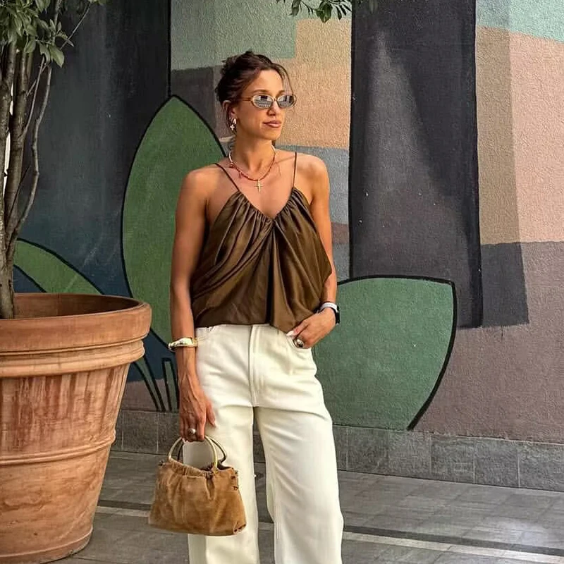 Women's Slip Tops Fashion Satin Pleated V-Neck Sleeveless Top Summer Sexy Female Chic Tops - 4