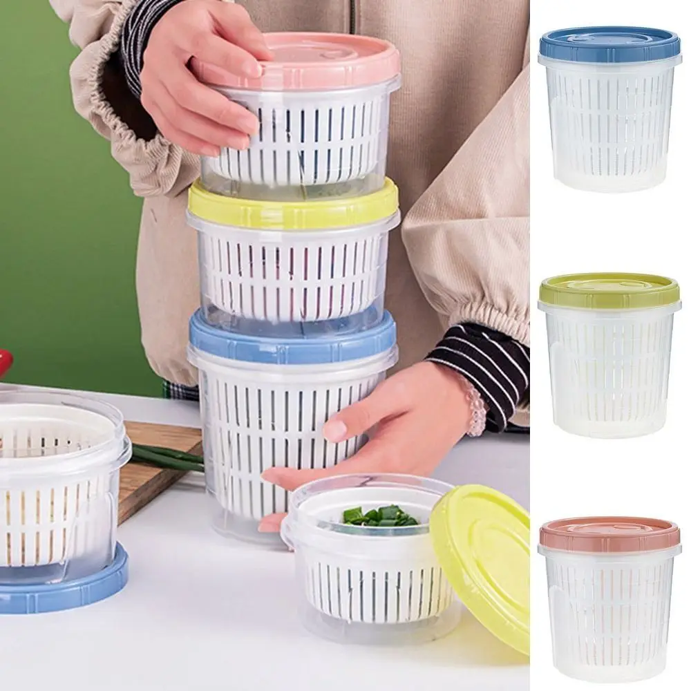 

Plastic Round Drain Storage Box Double Layer Sealed Refrigerator Storage Box Fresh-Keeping Dustproof Kitchen Scallion Crisper