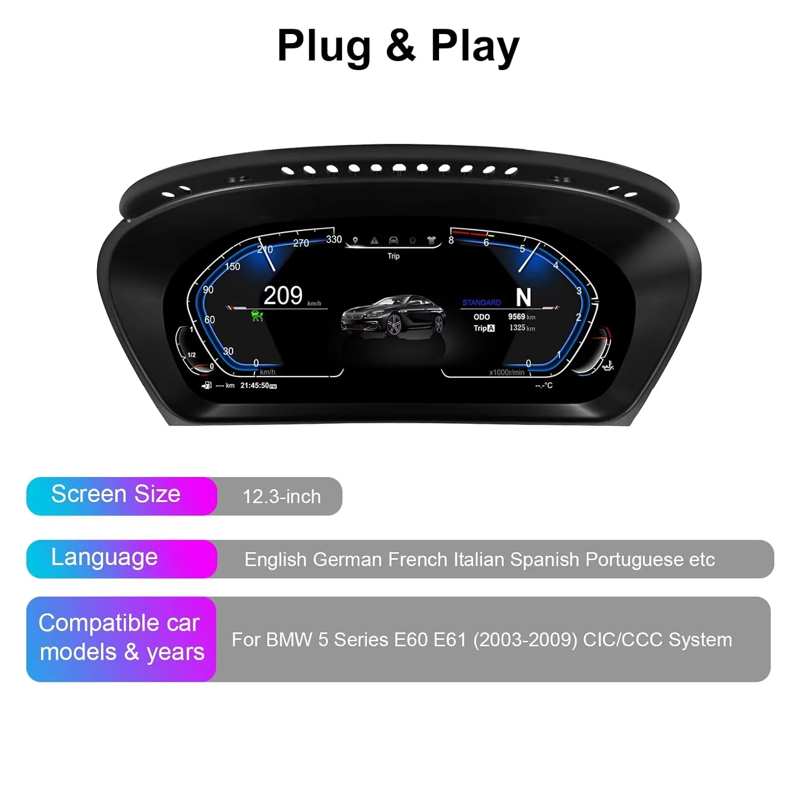 12.3"Cluster Digital Dashboard For BMW E60 E61 E63 E64 2003-2009 CCC CIC Odomete