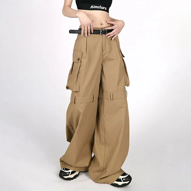 

Брюки-карго HOUZHOU Y2K Женские Хаки, уличная одежда в стиле хип-хоп, американские Широкие штаны, Свободные повседневные сафари в стиле оверсайз