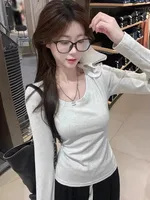 Slim Fit White Long Sve T-irt Women's Early Autumn Versatile Base Layer irt Inner Wear Top Casual Sle Faion Brand