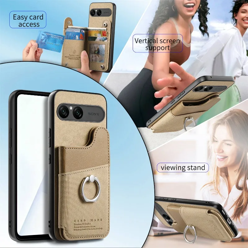 PU Leather Flip Wallet Card Slot Phone Case with Ring Holder and Shockproof Bumper Shell