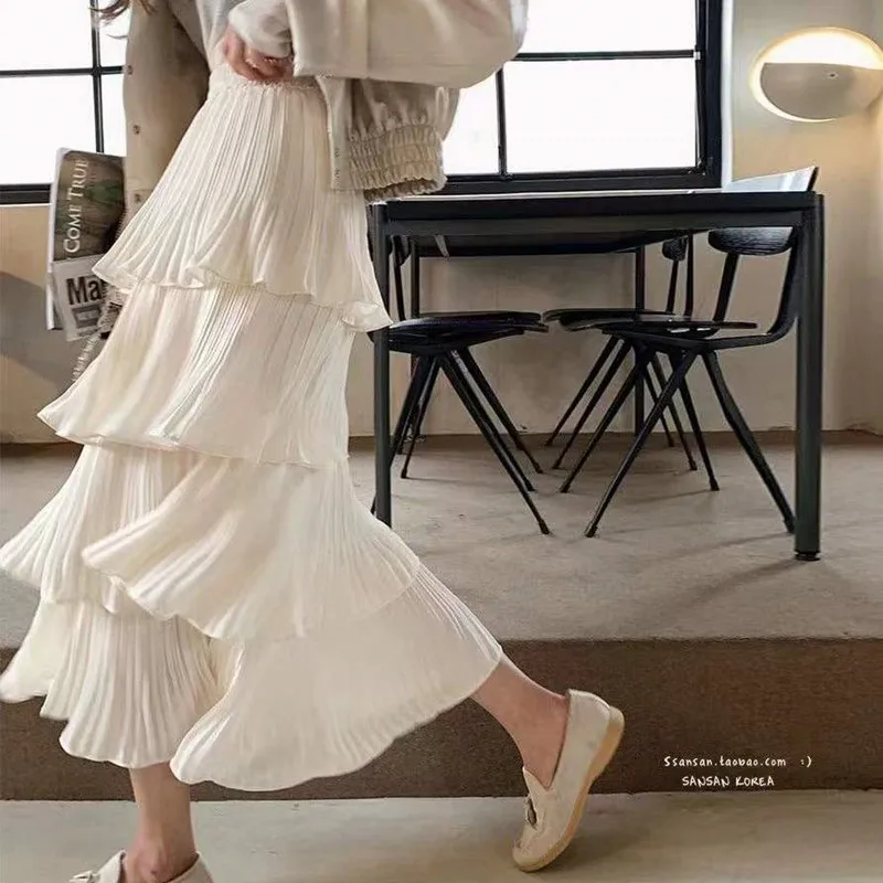 

New Spring Summer Women Skirt Korean Sweet Dots Print Multi-layer Cake Skirt Elastic High Waist Slim Pleated Midi Skirt