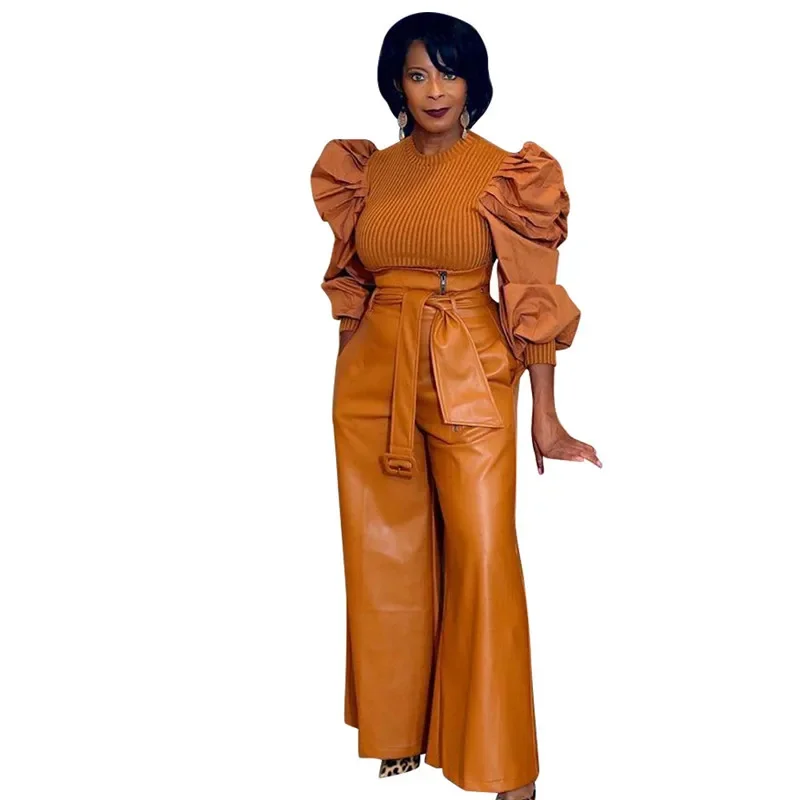 PU Leather Pants Women Solid Colors High Waist Trousers Pleated Loose Wide Leg Faux Leather Pants New Women Large Streetwear