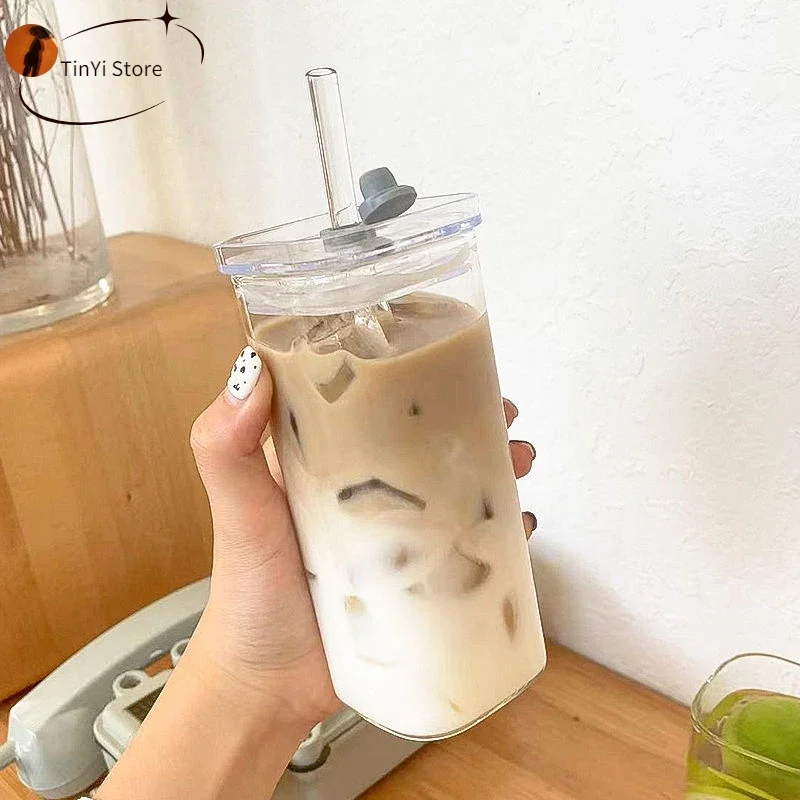 Square Heat Resistant Transparent Tulip Glass Cup with Lip and Straw