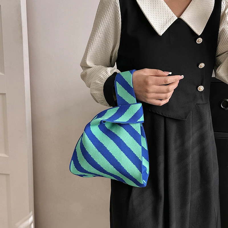 Handmade Knit Handbag Women Mini Knot Wrist-bag Female Casual Color Wide Stripe Tote Shoulder Bag Student Reusable Shopping Bag