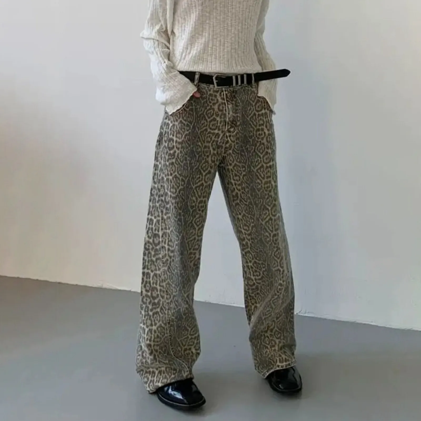 여성용 빈티지 레오파드 무늬 데님 청바지, 레저 레트로 스트리트웨어, 와이드 레그 팬츠, 편안한 핏, 보호 바이브 디자인 바지, 2024 Y2k