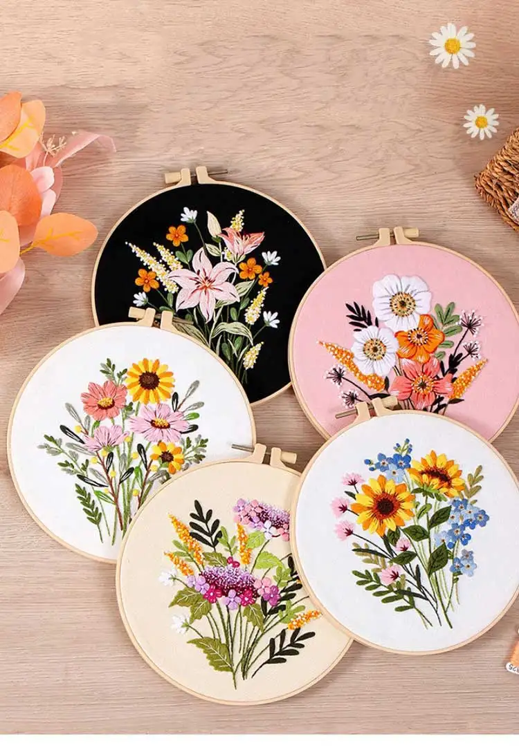 Description Picture 2 of itemDiy Handmade Embroidery Materials With Hoop Art Needlework Cross Stitch Set Colorful Time Flower Bouquets Hanging Paintings