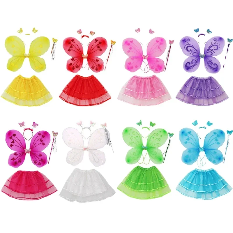 Cosplay Costume Girl RolePlay Butterflies Princess Fairy Wings Magic Wand Headband Skirt 4Pcs Halloween Party Props