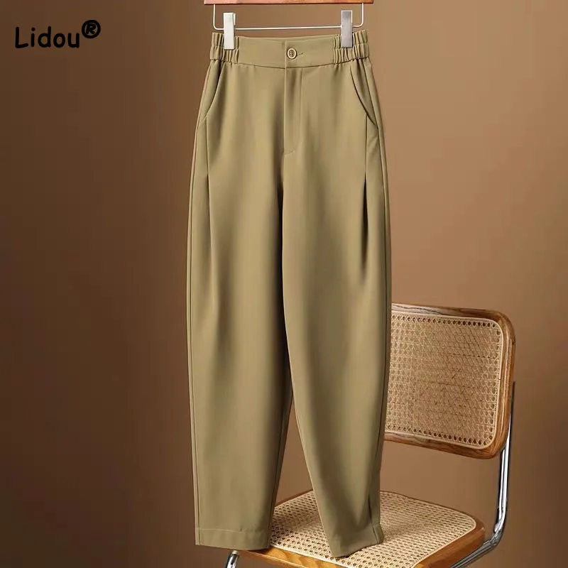 Women's Clothing Commute Loose Solid Color Suit Pants Spring Autumn Casual All-match High Waist Harem Cropped Pants for Female