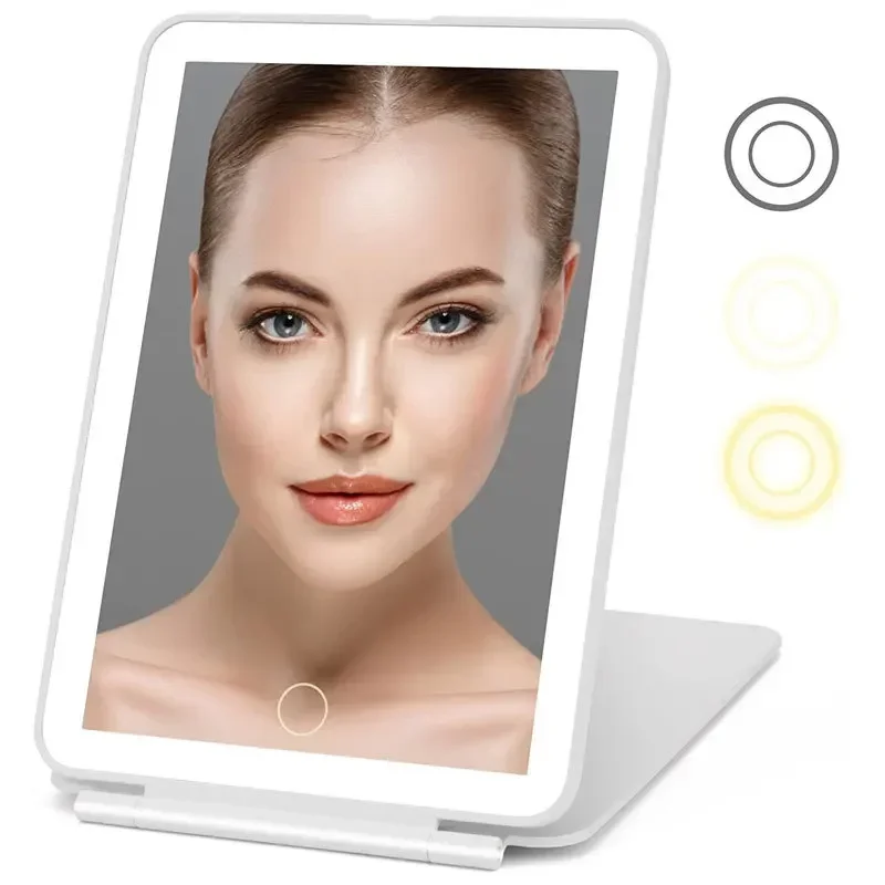 USB Rechargeable Makeup Mirror Touch Screen Dimming 3 Colors Light Modes Makeup Mirror HD Cosmetic Mirrors Folding LED