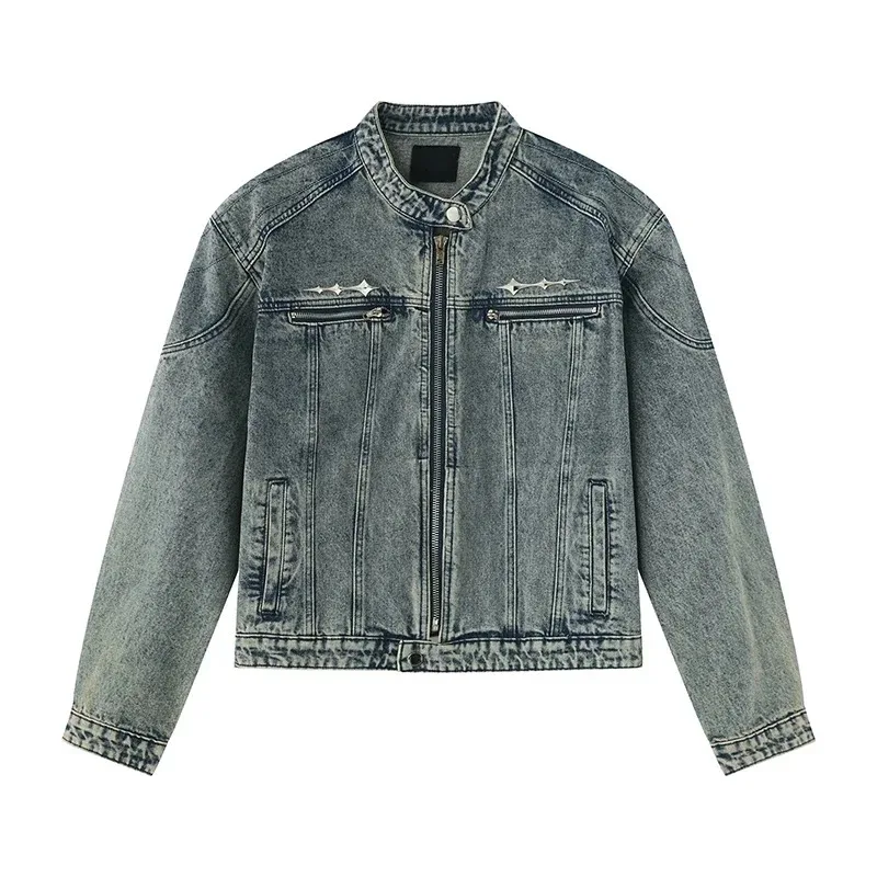 2024 Mens Denim Jacket Zippered Metal Design Distressed