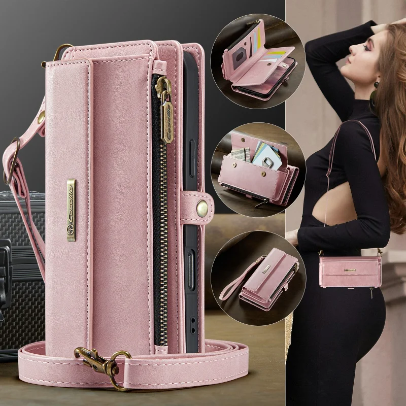 CaseMe Lanyard Leather Zip Wallet Card Phone Case with Crossbody Cover