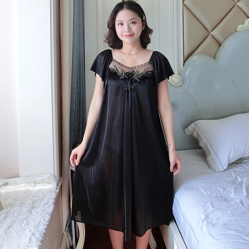 Ladies Nightdress Sexy Ice Lace Large Size Solid Color Flower Pajamas Thin Short-sleeved Lace Skirt Night Dress Women Dress