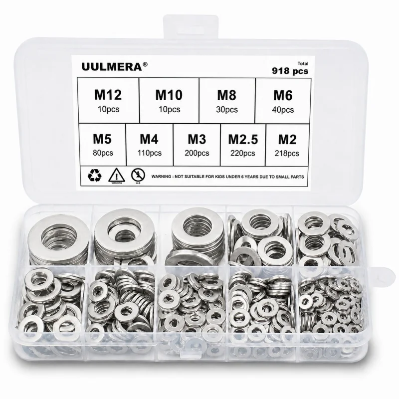 Stainless Steel Flat Washers Assortment Kit - 918 Pieces