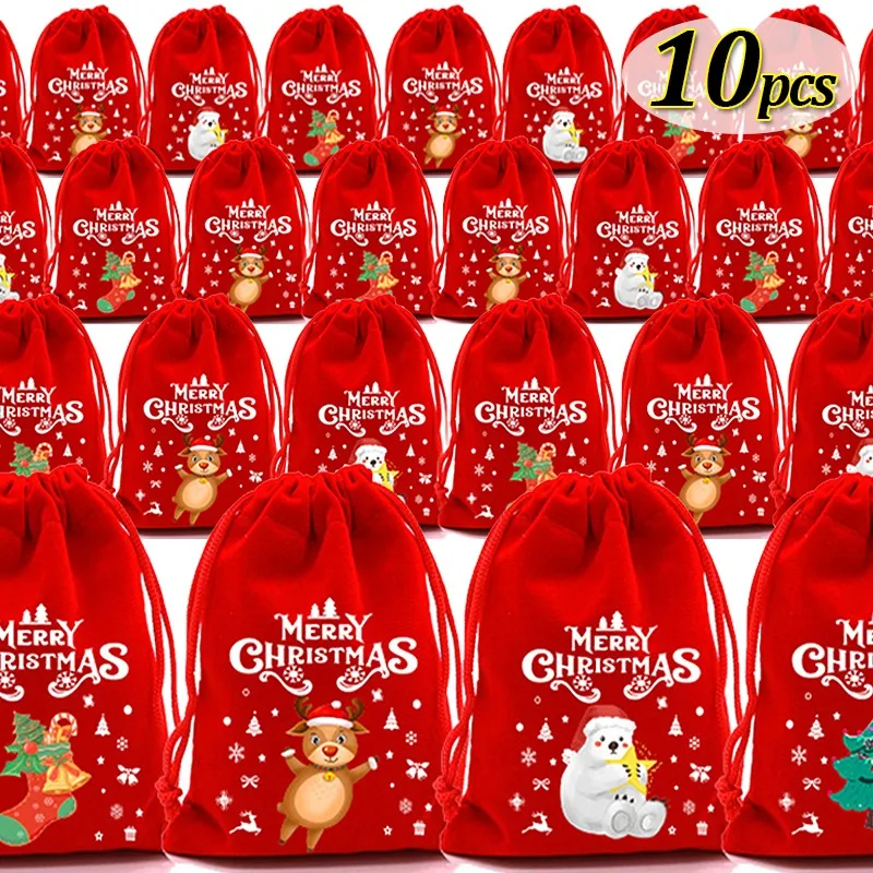 

2024 Red Christmas Velvet Bags Drawstring Pouch Xmas New Year Party Candy Snack Gift Bag Bracelet Jewelry Packaging Storage Bags