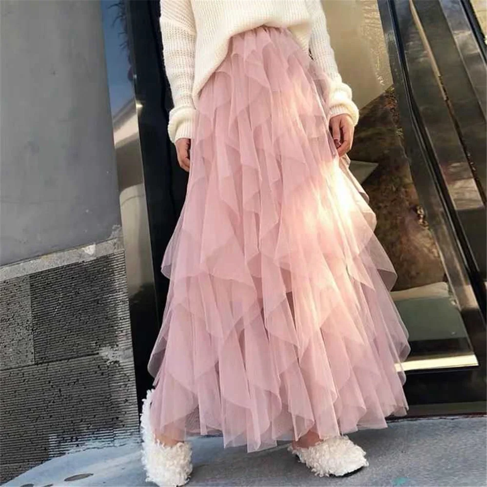 

2022 Spring Autumn Summer Women Party Long Midi Skirt Korean Fashion Female Elastic High Waist Tulle Mesh Irregular Tutu Skirt