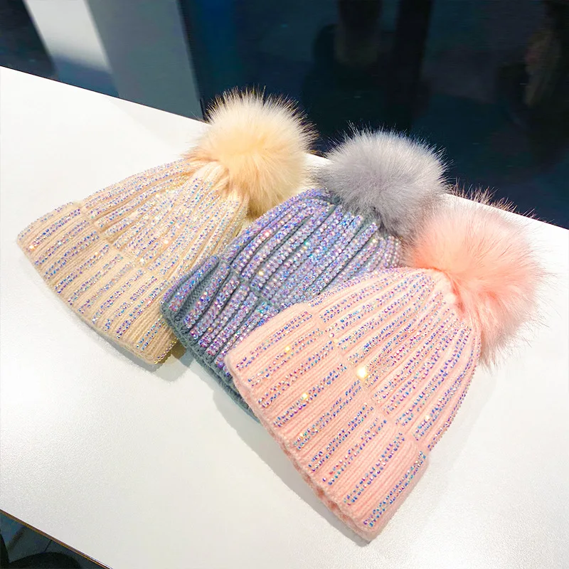 Mao Qiu Shui Diamond Striped Knitted Hat Plush Autumn Winter Woolen Hat Korean Outdoor Headband