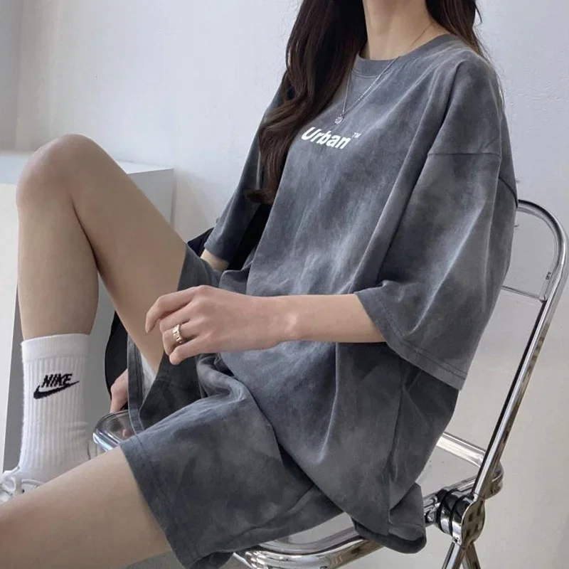 Women Sportswear Cotton Tie Dye O-Neck Two Piece Shorts Sets Loose Casual 2pcs Short Sleeve T-Shirt Shorts Suits 2024