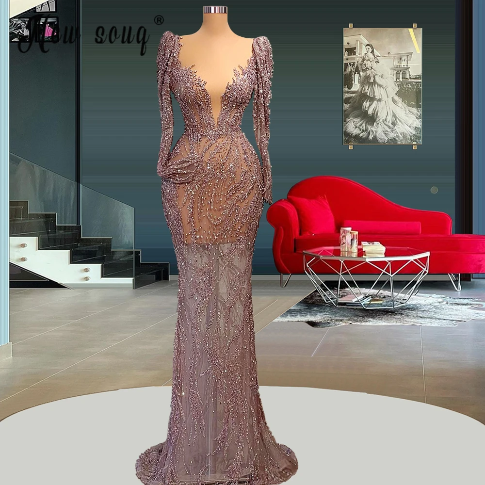 

Deep V Neck Long Sleeve Evening Gowns Robes for Party Luxury Beads Crystals Dubai Prom Dresses Plus Size vestido de festa
