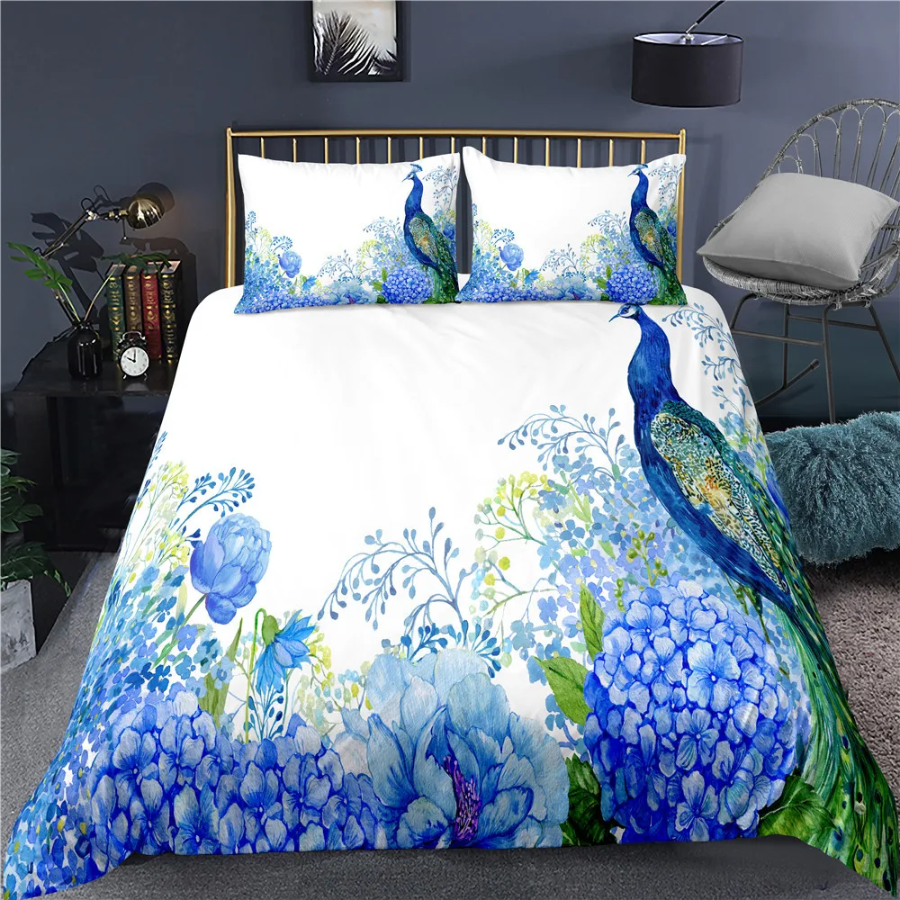 Peacock Duvet Cover Plum Blossom Decor Bedding Set King Size Crane Peacock Feather Floral Pattern Romantic Quilt Cover 2