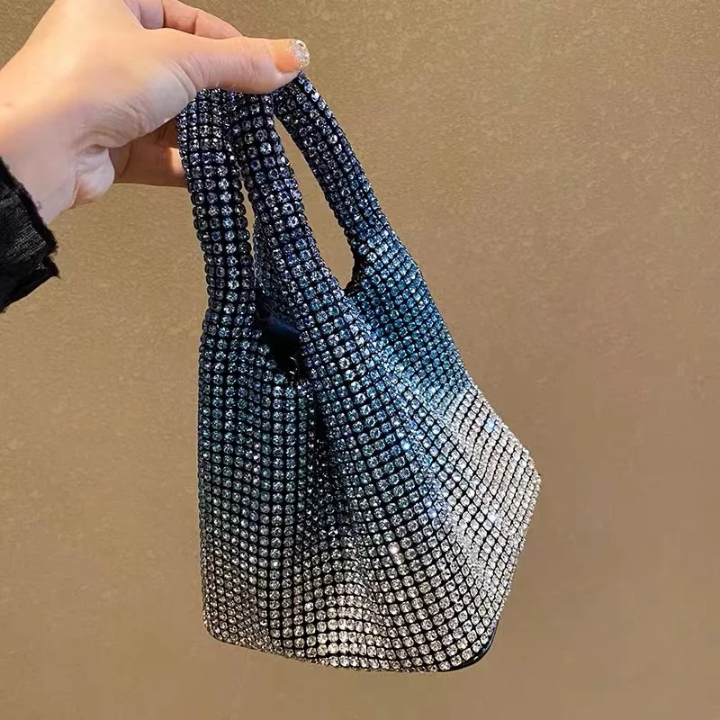 Luxury Designer Shiny Rhinestone Diamond Evening Clutch Bag Women's Handbag Wedding Party Bucket Purse Shoulder Messenger Bag