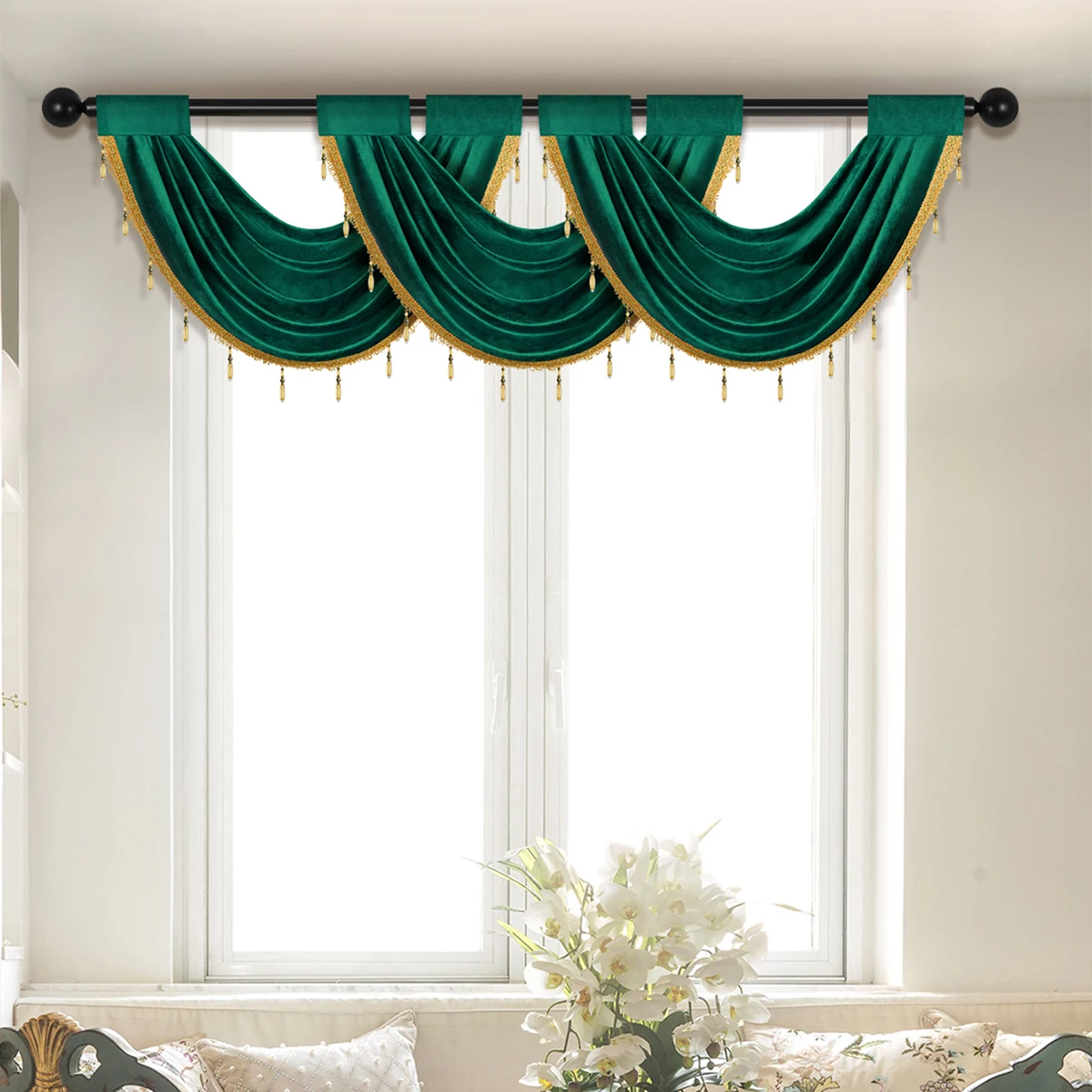 Mantovana Per Tenda Con Perline Grigia 130x61 Cm | Voile Con Nappe E Tasca Per Asta - 3