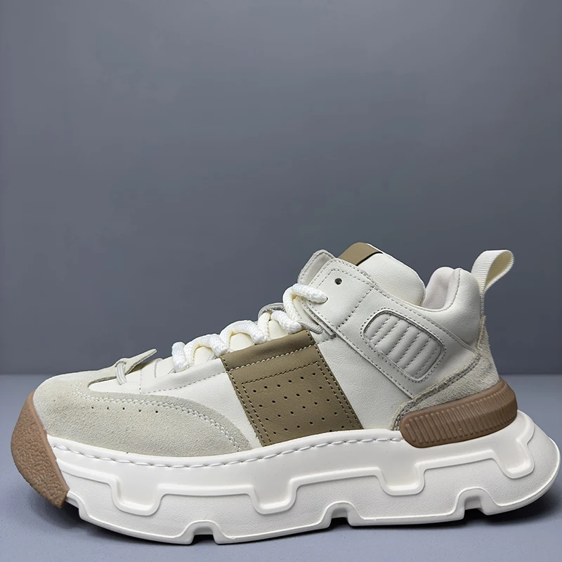 

Fashionable Shoes for Men Genuine Leather Breathable Hand Sewn Thick Sole Increased Design Board Shoes High Top White Shoes Man