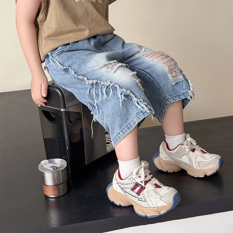  남아 패션 홀 배기 데님 반바지 데미지 키즈 아동 루즈핏 솔리드 밴딩 허리 여름 청반바지 8 10 11 12 13 14세