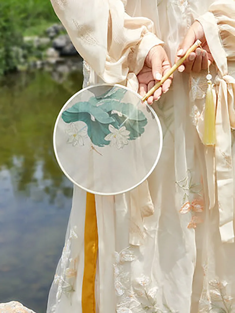 Chinese Traditional Circular Fan, Round Hand Fan, Classical, Ancient Dance Costume, Han Fu Cheongsam with Long Handle, Tassel,