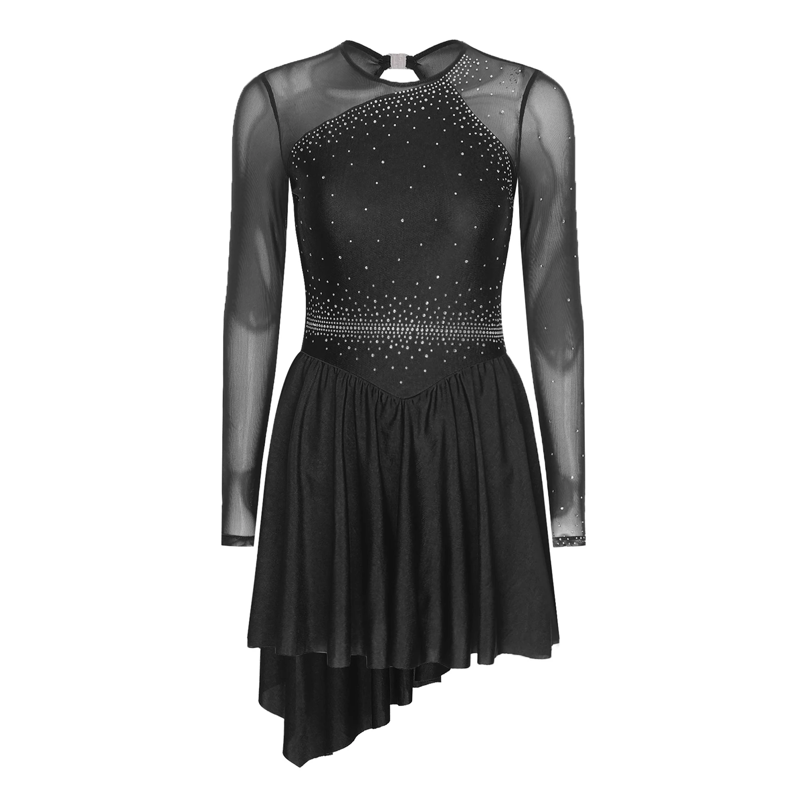 Damen glitzernde Strasssteine, Gymnastik, Eiskunstlauf, Ballett, lyrischer Tanz, Trikots, Kostüm, durchsichtiges Netz, langärmelig, Tanzkleid – Detail 9